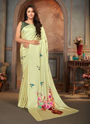Creamdesigner Digital Printedsatin Sareeswithsatin Crepeblouse 1