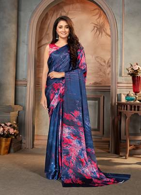Bluedesigner Digital Printedsatin Sareeswithsatin Crepeblouse 1