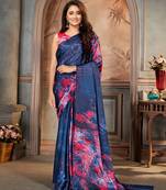 Bluedesigner Digital Printedsatin Sareeswithsatin Crepeblouse
