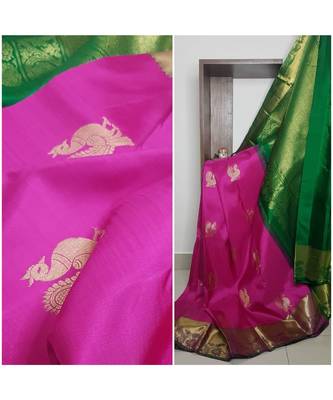 Pink handloom art  pure silk saree with contrasting green blouse. 1
