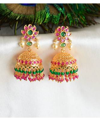 Beautiful Gold Tone Ruby-Green Flower Designer Jhumka -Dj33998 1