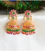 Beautiful Gold Tone Ruby-Green Flower Designer Jhumka -Dj33998