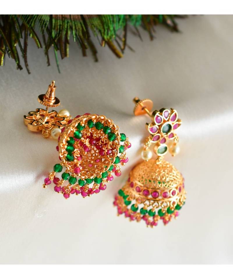 Beautiful Gold Tone Ruby-Green Flower Designer Jhumka -Dj33998
