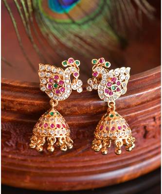 Beautiful Gold Tone Ad Ruby-green Peacock Designer Jhumka -DJ33459 1
