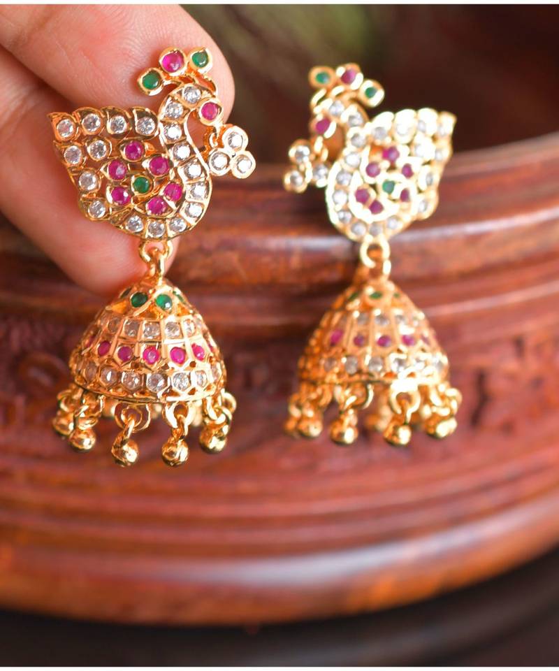 Beautiful Gold Tone Ad Ruby-green Peacock Designer Jhumka -DJ33459
