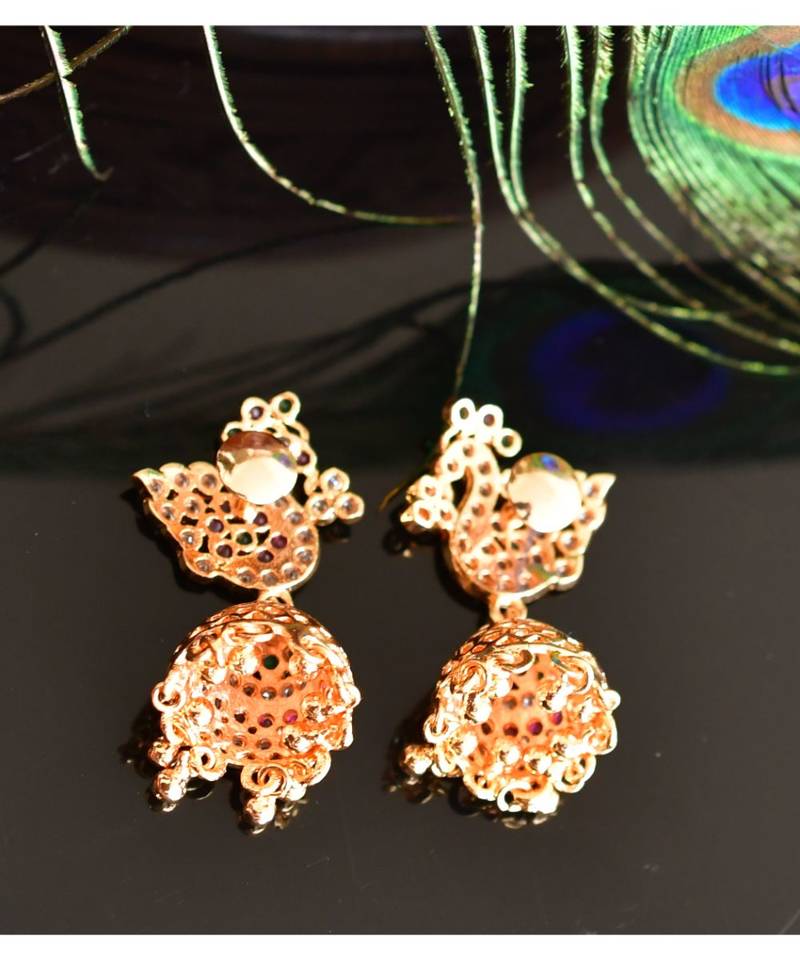 Beautiful Gold Tone Ad Ruby-green Peacock Designer Jhumka -DJ33459