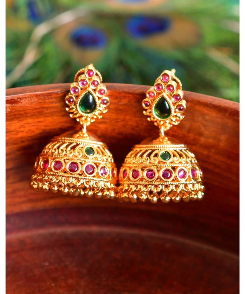 Beautiful Gold Tone Kemp-green Designer Jhumka -DJ33758