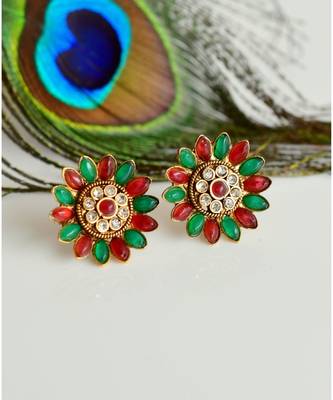Unique Antique Pink-green Flower Studs-DJ06417 1