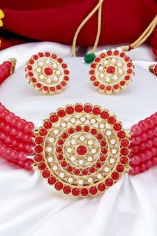 Red White Pearl Kach Stones Choker Jewellery Set