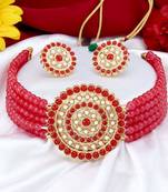Red White Pearl Kach Stones Choker Jewellery Set