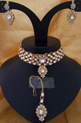 White CZ Pachi Kundan Pearl Stone Choker 4 pc Jewellery Set 1