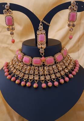 Pink Peech Kundan Pearl Kach Stone Choker Jewellry set 1