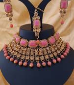 Pink Peech Kundan Pearl Kach Stone Choker Jewellry set