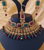 Maroon Green Kundan Pearl Kach Stone Choker Jewellry set