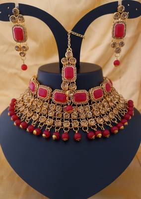 Red Kundan Pearl Kach Stone Choker Jewellry set 1