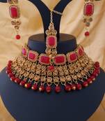Red Kundan Pearl Kach Stone Choker Jewellry set