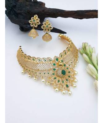 Gold replica CZ stones and emerald stones studded chocker 1