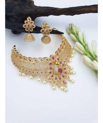 Gold replica CZ stones and ruby stones studded chocker 1