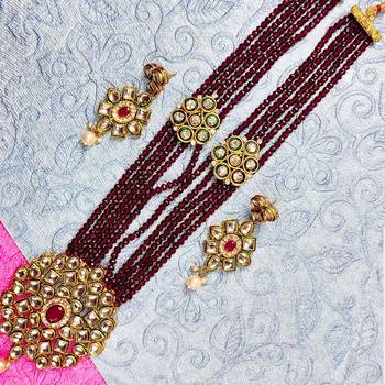 Necklace Set for Girls and Women Stylish Latest Wedding and Traditional kundan Pendant Set Maroon and Golden 1