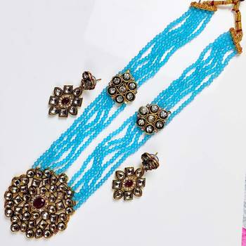 Necklace Set for Girls and Women Stylish Latest Wedding and Traditional kundan Pendant Set Sky Blue and Golden 1
