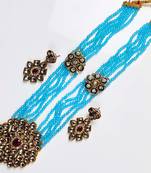Necklace Set for Girls and Women Stylish Latest Wedding and Traditional kundan Pendant Set Sky Blue and Golden