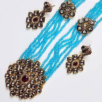 Necklace Set for Girls and Women Stylish Latest Wedding and Traditional kundan Pendant Set Sky Blue and Golden 2