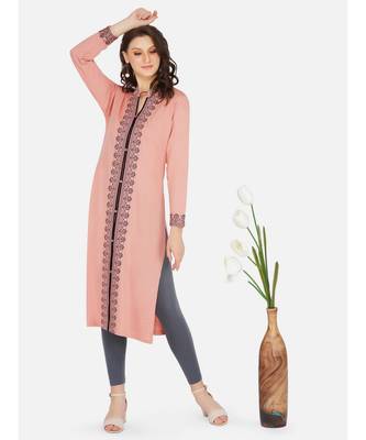womens winter acrylic pink & black embroidery design kurta 1
