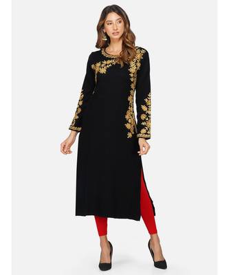womens winter acrylic black floral embroidery design kurta 1