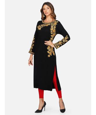womens winter acrylic black floral embroidery design kurta 2