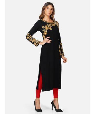 womens winter acrylic black floral embroidery design kurta 3