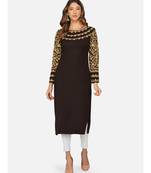 womens winter acrylic brown leaf embroidery design kurta