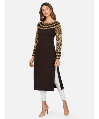 womens winter acrylic brown leaf embroidery design kurta 2