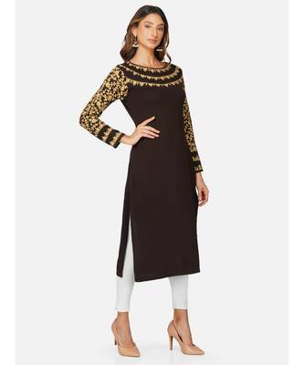 womens winter acrylic brown leaf embroidery design kurta 3