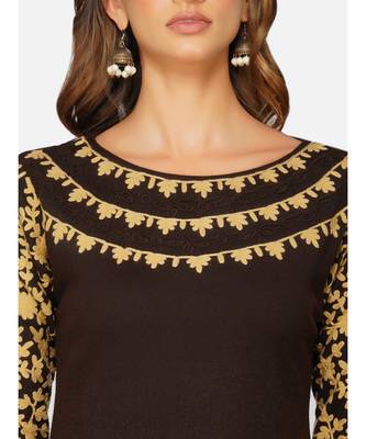womens winter acrylic brown leaf embroidery design kurta 4