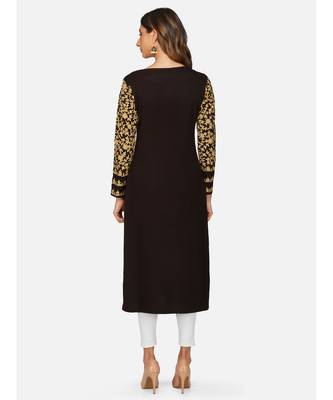 womens winter acrylic brown leaf embroidery design kurta 5