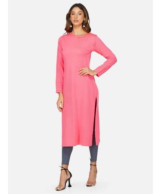 womens winter acrylic pink solid embroidery design kurta 2