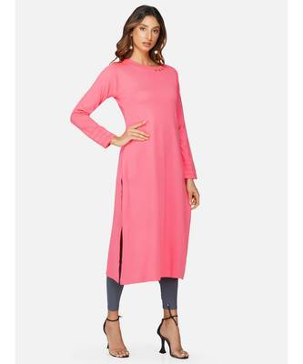 womens winter acrylic pink solid embroidery design kurta 3