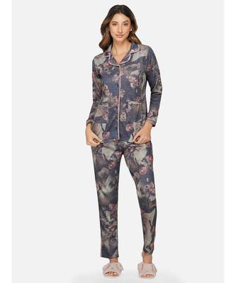 womens winter loungwear grey printed polyester night suit 1