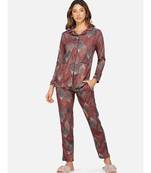 womens winter loungwear maroon printed polyester night suit