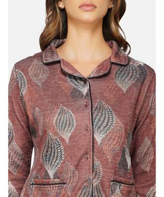 womens winter loungwear maroon printed polyester night suit 2