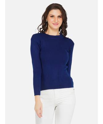 womens winter acrylic royal blue round neck knitted sweater 1