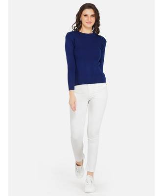 womens winter acrylic royal blue round neck knitted sweater 2