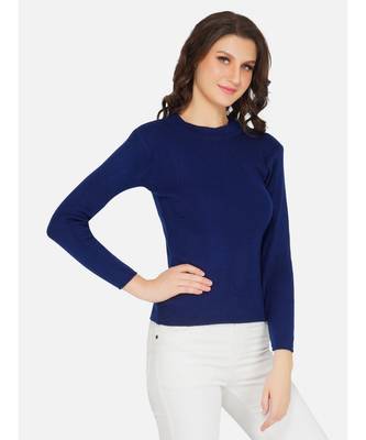 womens winter acrylic royal blue round neck knitted sweater 3