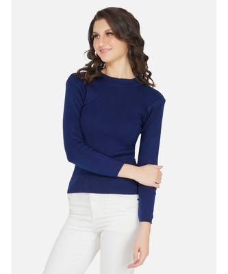 womens winter acrylic royal blue round neck knitted sweater 4