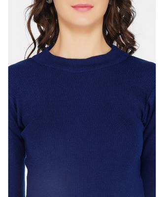 womens winter acrylic royal blue round neck knitted sweater 5
