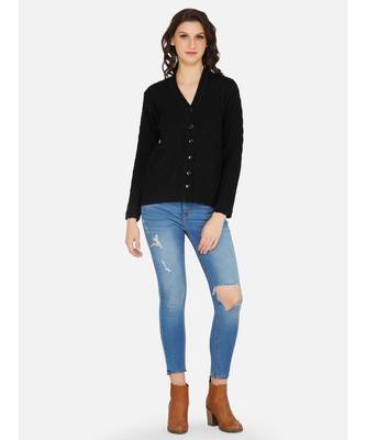 womens winter acrylic black self design acrylic cardigan 2