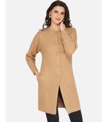 womens winter acrylic beige self design long acrylic cardigan