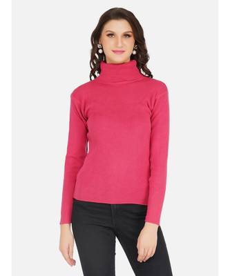 womens winter acrylic hot pink plain high neck knitted sweater 1