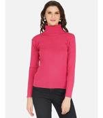 womens winter acrylic hot pink plain high neck knitted sweater