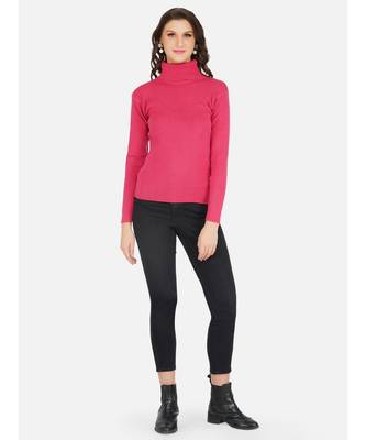 womens winter acrylic hot pink plain high neck knitted sweater 2